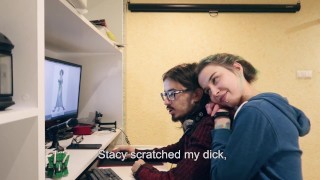 Stepsister seduces a nerd to copy his physics text.